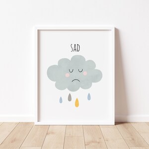 May include: A framed print with a sad cloud illustration. The cloud is a light blue-green with a downturned mouth and closed eyes. Below the cloud are three raindrops in blue, grey, and yellow. The word "SAD" is printed above the cloud.