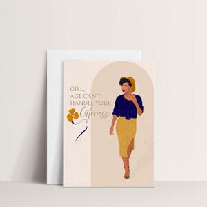 Carte d'art femme habilitée, âge anniversaire mignon, style bohème, magie fille noire, impression de mode, voeux unique