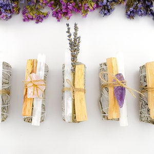 White Sage Smudge Kit with Palo Santo, Selenite, Amethyst, Lavender for Cleansing, Energy Clearing, Spiritual Cleansing with Smudging Guide
