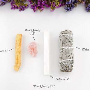 White Sage Smudge Kit with Palo Santo and Selenite Stick for Cleansing, Energy Clearing, Spiritual Cleansing, Smudging Guide included Rose Quartz Kit