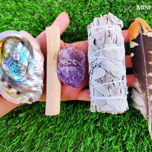 White Sage Smudge Kit Mini w/ Detailed Instructions, Abalone Shell (add Palo Santo, Feather, Healing Crystals) Sage Smudge Cleansing Kit