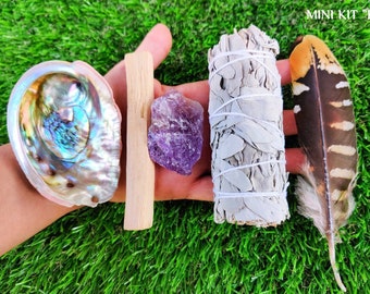 White Sage Smudge Kit Mini w/ Detailed Instructions, Abalone Shell (add Palo Santo, Feather, Healing Crystals) Sage Smudge Cleansing Kit
