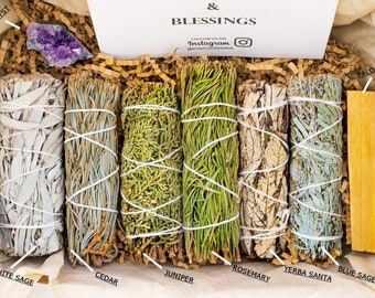 White Sage Smudge Kit set of 10 with Amethyst Cluster, Palo Santo, Smudging Feather, Blue Sage, Cedar, Juniper, Rosemary, Yerba Santa