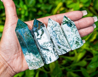 Green Moss Agate Tower Point - Polished Crystal Obelisk Wand