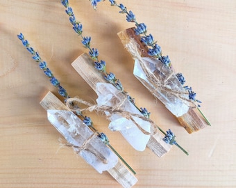 Palo Santo, Lavender and Clear Quartz Point Smudge Kit for Cleansing, Energy Clearing, Spiritual Cleansing, Smudging Guide included