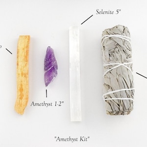 White Sage Smudge Kit with Palo Santo and Selenite Stick for Cleansing, Energy Clearing, Spiritual Cleansing, Smudging Guide included Amethyst Kit