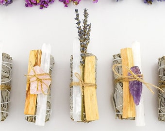 White Sage Smudge Kit w/ Sage Bundle Palo Santo Stick Selenite Stick and Guide (Spiritual Cleansing Kit Sage Kit Organic Smudge Sticks)