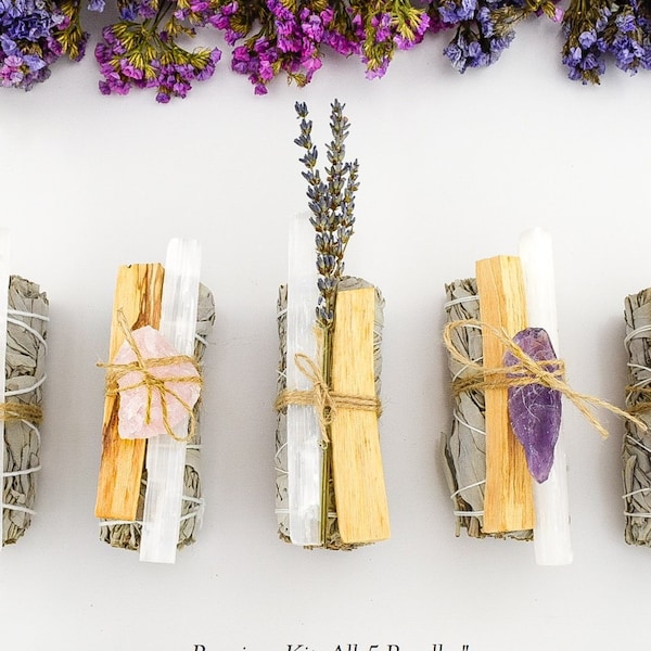 White Sage Smudge Kit w/ Sage Bundle Palo Santo Stick Selenite Stick and Guide (Spiritual Cleansing Kit Sage Kit Organic Smudge Sticks)