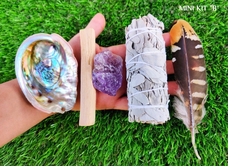 White Sage Smudge Kit Mini w\/ Detailed Instructions, Abalone Shell (add Palo Santo, Feather, Healing Crystals) Sage Smudge Cleansing Kit