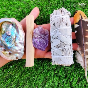 White Sage Smudge Kit with Beginners Guide, Amethyst, Sage Smudge, Abalone Shell Smudge Bowl, Palo Santo Stick, Feather, Home Cleansing Kit