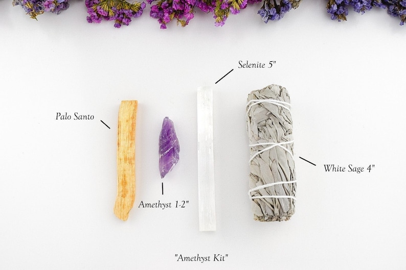 White Sage Smudge Kit with Palo Santo and Selenite Stick for Cleansing, Energy Clearing, Spiritual Cleansing, Smudging Guide included Amethyst Kit