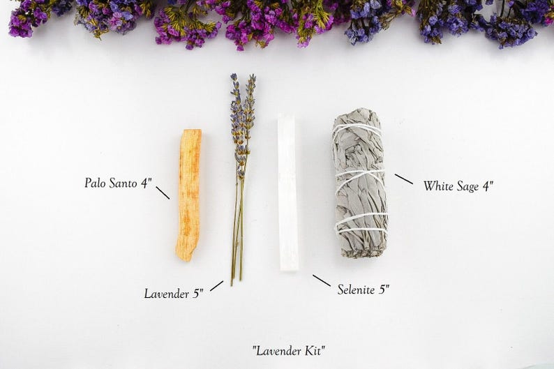 White Sage Smudge Kit, Palo Santo, Selenite, Crystal Infusion Lavender Kit