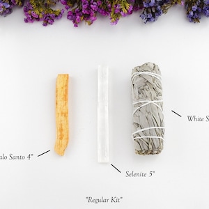 White Sage Smudge Kit with Palo Santo and Selenite Stick for Cleansing, Energy Clearing, Spiritual Cleansing, Smudging Guide included Regular Kit