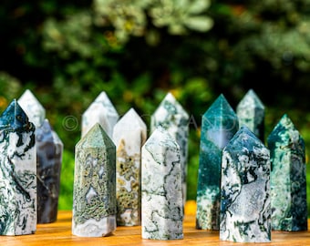 Green Moss Agate Tower Point - Polished Crystal Obelisk, Home Decor