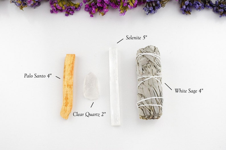 White Sage Smudge Kit with Palo Santo and Selenite Stick for Cleansing, Energy Clearing, Spiritual Cleansing, Smudging Guide included Clear Quartz Kit