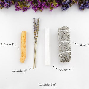 White Sage Smudge Kit with Palo Santo and Selenite Stick for Cleansing, Energy Clearing, Spiritual Cleansing, Smudging Guide included Lavender Kit