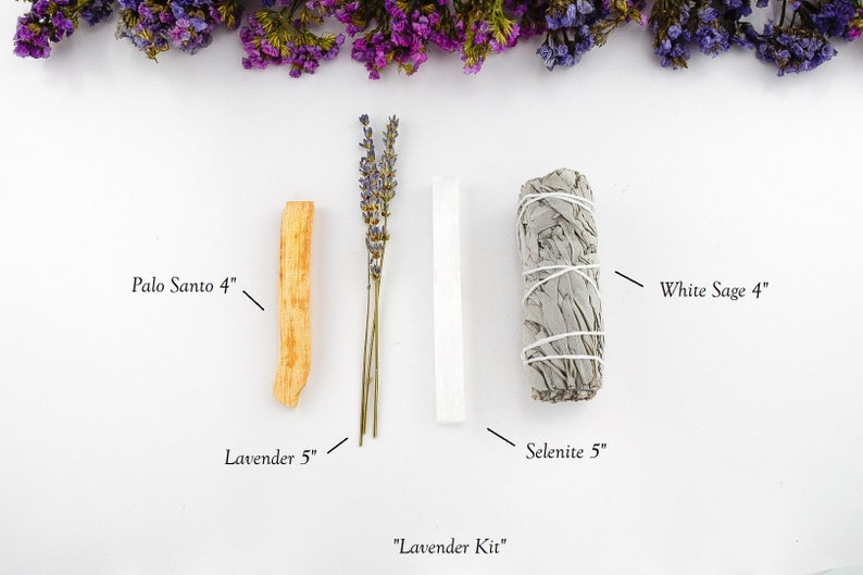 White Sage Smudge Kit with Palo Santo and Selenite Stick for Cleansing, Energy Clearing, Spiritual Cleansing, Smudging Guide included Lavender Kit