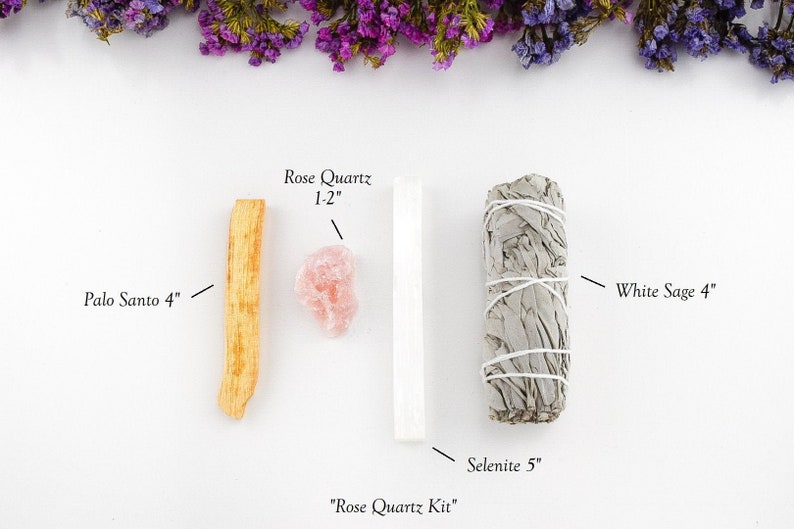 White Sage Smudge Kit with Palo Santo and Selenite Stick for Cleansing, Energy Clearing, Spiritual Cleansing, Smudging Guide included Rose Quartz Kit