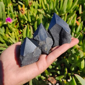May include: Three black obsidian crystal points in various sizes, arranged in a triangular formation, held in a hand against a green leafy background.