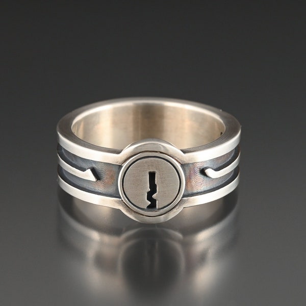 Locksport ring with keyway and lock picks in sterling silver