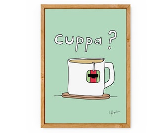 May include: A framed art print featuring a white mug of tea with a tea bag, resting on a wooden coaster. The words "cuppa?" are written above the mug in a playful font, set against a light green background.