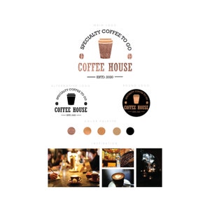 Op de afbeelding: Een logo-ontwerp voor een koffiehuis genaamd "Coffee House" met de slogan "Specialty Coffee To Go" en de oprichtdatum "Est. 2020". Het logo toont een bruine koffiebeker met een textuurontwerp. Het logo wordt in drie variaties getoond: een hoofdlogo met een ronde rand, een alternatief logo met een rechthoekige rand en een rond logo.