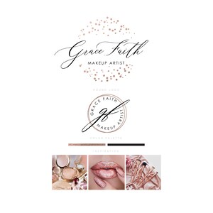 Puede incluir: Un diseño de logotipo para una maquilladora llamada Grace Faith. El logotipo presenta una fuente de escritura con un esquema de color rosa dorado y un círculo de puntos rosa dorado. El texto "Grace Faith Makeup Artist" se muestra debajo del logotipo. También se incluye un logotipo redondo con las iniciales "GF", junto con una paleta de colores e imágenes de inspiración.