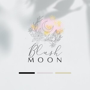 May include: A black and white line drawing of a crescent moon and floral wreath with gold glitter and pink watercolour accents. The text "Blush Moon" is written below the image.