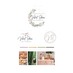 Puede incluir: Diseño de logotipo para un negocio llamado "Velvet Shine" que fabrica velas de soja. El logotipo principal presenta una corona de hojas verdes y flores rosas con el texto "Handmade with Love" y "Velvet Shine Soy Candles". El logotipo alternativo presenta el texto "Velvet Shine Soy Candles" con un pequeño diseño floral. El logotipo redondo presenta el texto "Velvet Shine Soy Candles" en un círculo con las iniciales "VS".