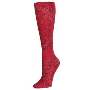 Celeste Stein Red Bandana Women's Therapeutic Compression Knee High Socks - Regular and Queen Sizes