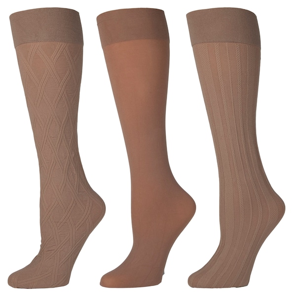 Celeste Stein 3 Pairs Wide Calf Wide Foot Queen Size Trouser Socks for Women Beige MADE IN USA. Ships Fast.