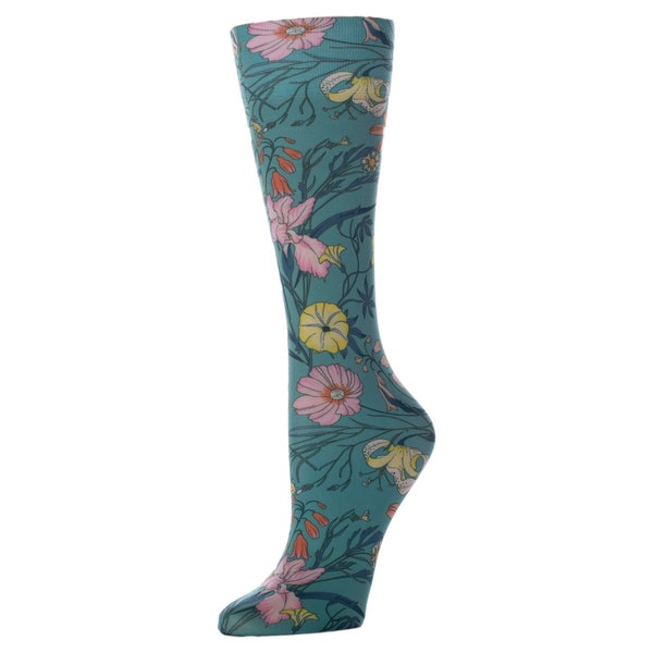 Celeste Stein Turquoise Lilies Women's Therapeutic Compression Knee High Socks - Regular and Queen Sizes