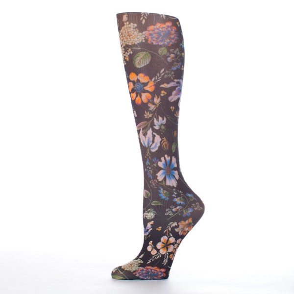 Celeste Stein Black Prairie Flowers Women's Therapeutic Compression Knee High Socks - Regular and Queen Sizes