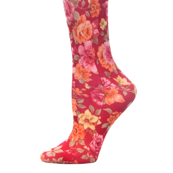 Celeste Stein Dainty Cranberry Floral Women's Therapeutic Compression Knee High Socks - Regular and Queen Sizes