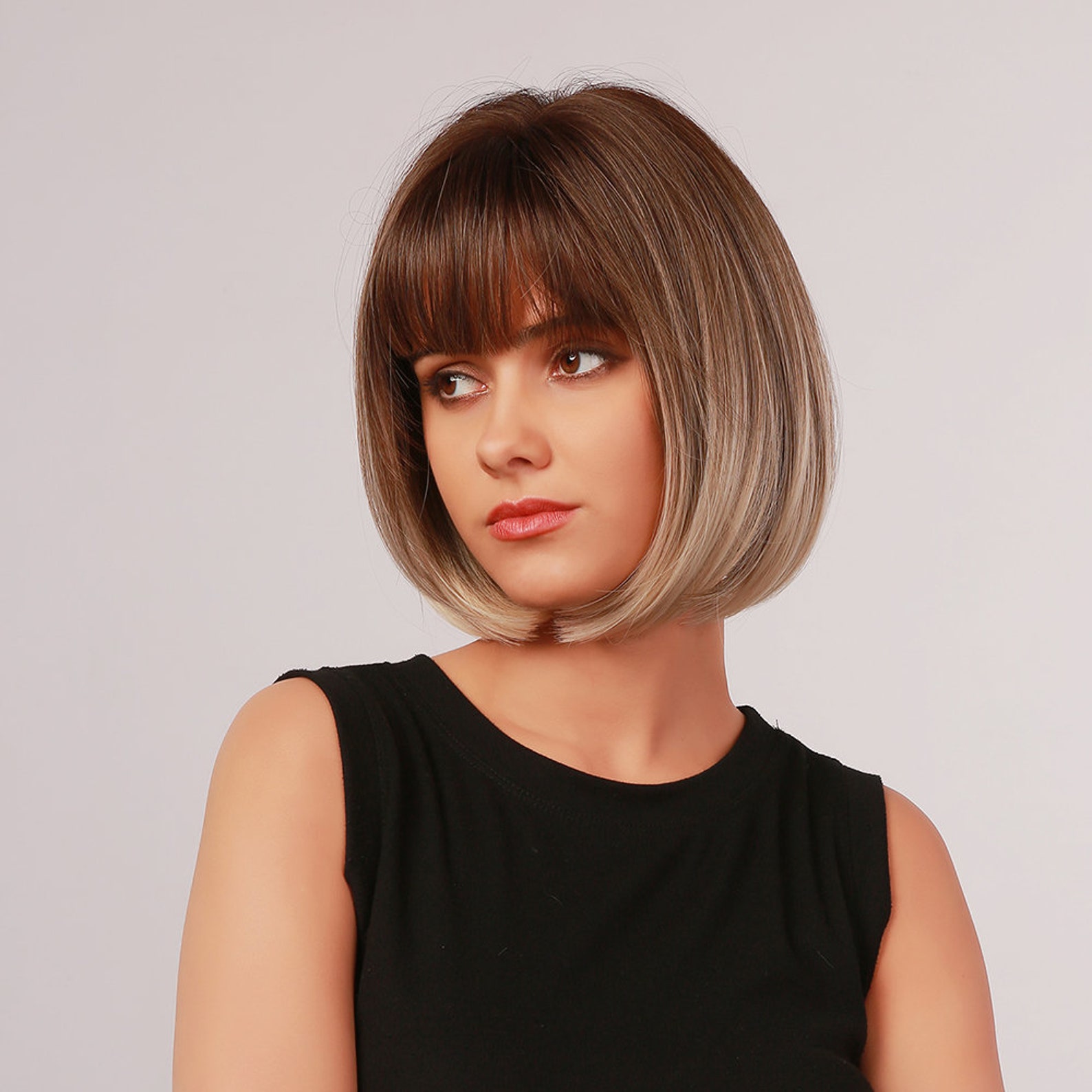 Ombre Brown Short Straight Synthetic Wigs with Bangs Bob Wigs Etsy
