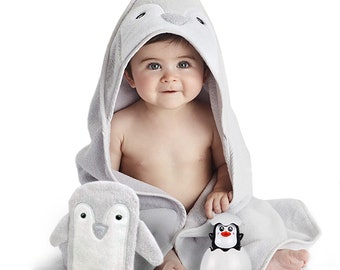 Happy & Sweet Personalized Hooded Baby Towel Organic Bamboo Baby Shower Gift Boy Girl Penguin Toy