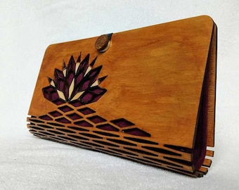 Bolso de mano de madera cortado a láser, diseño Lotus