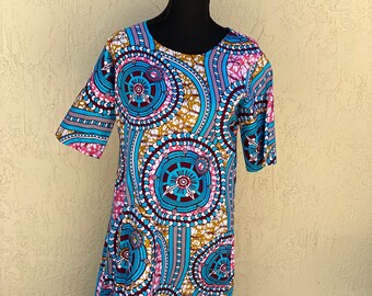Waxprint Sleeved Shift Dress- Blue Geometric