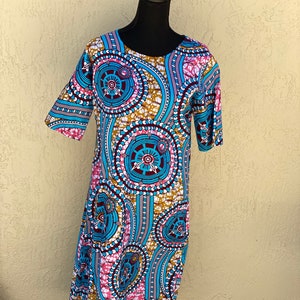 Waxprint Sleeved Shift Dress- Blue Geometric