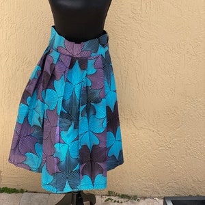 Waxprint High Waisted Skirts-Blue and Purple Leaves