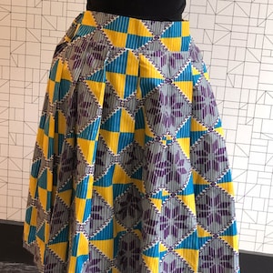 Waxprint High Waisted Skirts- Grey Blue and Yellow Fusion