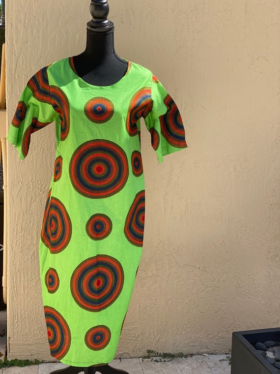 Waxprint Sleeved Shift Dress- Traditional Green