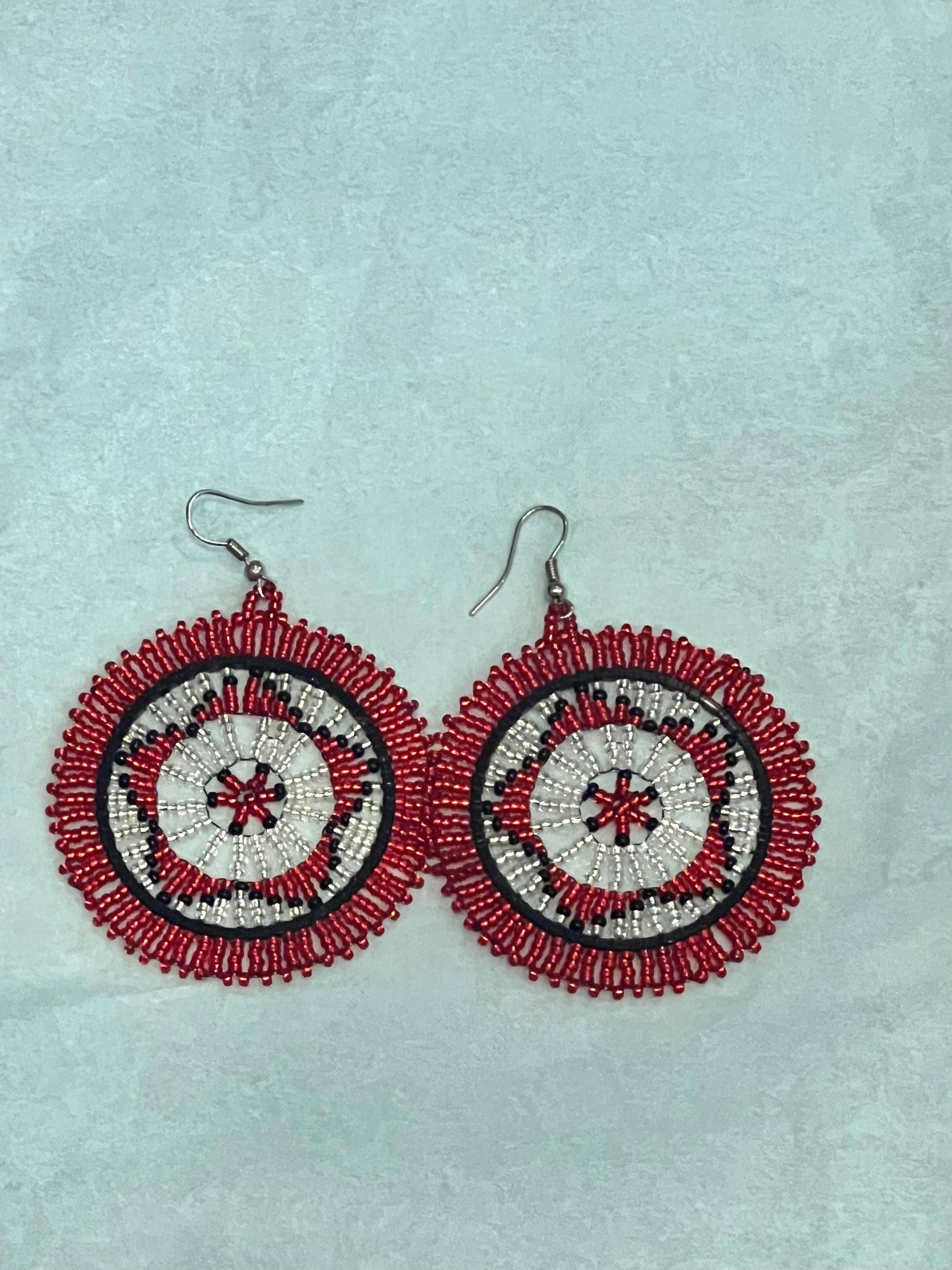 Large Zulu Disc Earrings- Red and Silver