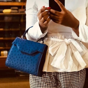 Genuine Ostrich Top Handle Handbag-Blue
