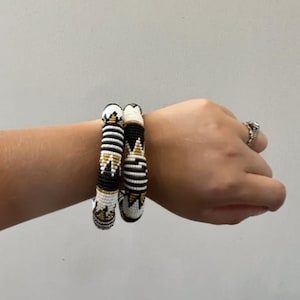 Thick Zulu Beaded Bangles- Black White and Gold