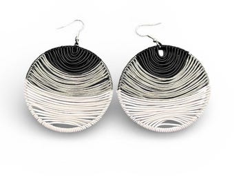 Telephone Wire Disc Earring - Black, Silver and White