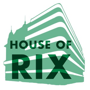 Könnte beinhalten: Ein grünes und weißes Logo mit dem Text "HOUSE OF RIX" in schwarzen Buchstaben.