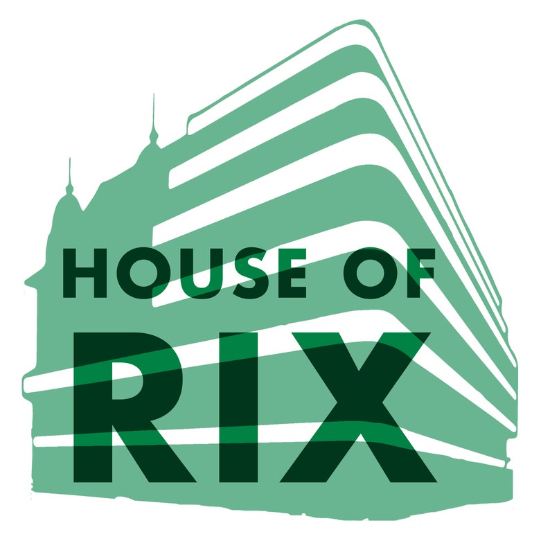 Pu&ograve; includere: Un logo verde e bianco con il testo "HOUSE OF RIX" in lettere nere.