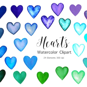 Watercolor Hearts Clipart, Purple Heart Clipart, Blue Heart, Colourful Heart, Heart download, Hand Painted, Instant Download, Valentines Day