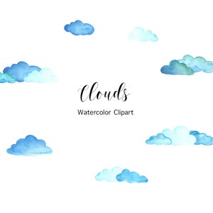 May include: Watercolor clipart of blue and green clouds. The text "Clouds Watercolor Clipart" is written below the clouds.